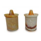 Pair of Akro Agate Mexicali Jars with Sombrero Lids