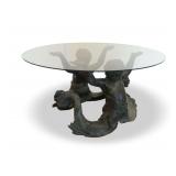 Sculptural Bronze Finish Dolphin and Cherub Base Glass Top Coffee Table