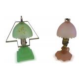 Two Unique Glass Table Lamps...Pink and Green Glass