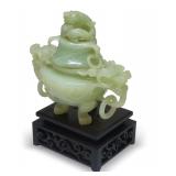 Carved Jade Incense Burner on Wooden Base