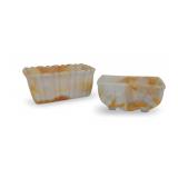 Two Akro Agate White and Caramel Color Swirled Glass Planters