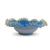 Ruffled Edge Blue Opalescent Art Glass Bowl