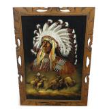 Framed Native American Chief and Buffalo Painting