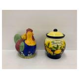 Two Ceramic Cookie Jars: Rooster and Biscotti Fruit Design