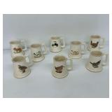 Set of Eight Tankard Style Mugs with Dog and Bird Designs