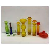 Colored Glass Vases, Bottles, Candle Holder, and Goblets