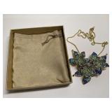 OPC CN Gold-Tone Floral Brooch Necklace with Blue Rhinestone Accents