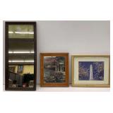 Vintage Mirror with Maxfield Parrish Artwork and Two Additional Framed Prints