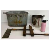 Metal Tub, Stainless Steel Stock Pot, Hydrapeak Water Bottle, Wood Clamp, and Brownell