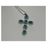 Sterling Silver Cross Pendant with Blue Stones