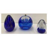 Two Blue Hand Blown Glass Paperweights & Oil Lamp Infuser