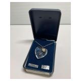 Crystal Heart Aquamarine and Rose Sterling Silver Necklace in Box