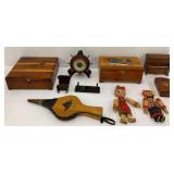 Wooden Items Including Bible Box, Folk Dolls, Barometer, Bellows, and More
