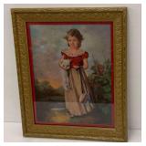 Vintage Framed Portrait of Girl with Cat by Jane Freeman