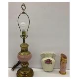 Pink & Brass Tone Lamp with Porcelain Vases...see description