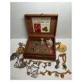 Cigar Box Filled with Vintage Cat Themed Jewelry