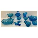 Group of Vintage Blue Glassware - Bowls, Vases, and More