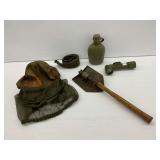 Military Issue Lot: Canteen, Shovel, Flashlight, Belt, and Mosquito Head Net