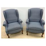 Pair of Wingback Recliner Chairs in Blue Patterned Fabric... some stains/see photos