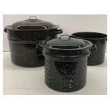 Three Enamelware Stock Pots with Lids and Steamer Basket