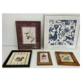 Framed Art: Birds, Rabbit, Dog, and Floral Prints - Group of Five