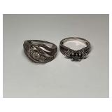 Two Sterling Silver Size 7 Rings - White and Black Gemstone