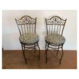 Two Metal Bar Stools with Decorative Backs and Swivel Seats