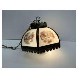 Vintage Currier & Ives Glass 6-Panel Hanging Lamp... works