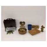 Eclectic Home Decor Grouping - Frog, Basket, Sculpture, Magazine Rack