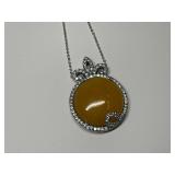 Sterling Silver, 22mm Cabochon Yellow Jade & Multi CZ Gem 2 in. Pendant...18 in. Necklace