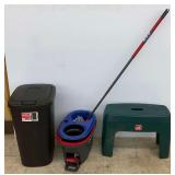 Hefty Touch Lid Trash Can, O-Cedar Spin Mop, and Plastic Step Stool