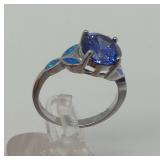 Sterling Silver Ring with Blue Stone and Inlay Opal Accents