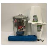 Outdoor Items: Behrens 20 Gallon Trash Can, Plant Protectors, Folding Chair