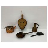 Copper Kettle, Pitcher, Bellows, and Metal Pans