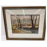 Signed Watercolor of Barn and Creek