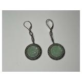 Sterling Silver, 16mm Art Carved Green Jade Leverback 2 in. Double Dangle Earrings