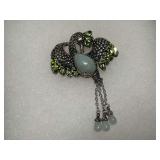 Sterling Silver, Green Jade & Multi Peridot Exotic Bird Sweater Pin - 1.5 x 3.25 in. Long