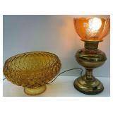Vintage Brass Finish Electrified Oil Lamp & an  Amber Glass Lamp Shade