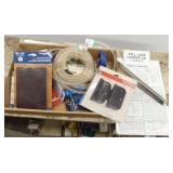 Box of Assorted Hardware and Supplies Including Door Hinges, Felt Pads, and Tubing