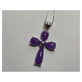 Sterling Silver Lavender Jade 1.625 in. Cross Pendant...18 in. Boxlink Necklace