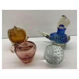 Four Art Glass Paperweights - Apples, Duck & Sphere...see description