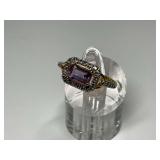 Gold Washed Sterling Silver & Emerald Cut Amethyst Gemstone Ring...Size 8