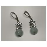 Sterling Silver 10mm Green Jade Sphere & Multi Baguette CZ 1.5 in. Leverback Dangle Earrings