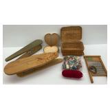 Wooden Craft & Sewing Supplies Lot: Pressing Boards, Basket, Heart Boxes, Thread and More