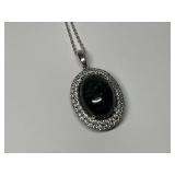 Sterling Silver 9x13mm Marbled Grey Jade & Double Halo Cz Gems 1.375 in. Pendant...18 in. Necklace