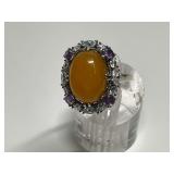 Sterling Silver Lemon Drop Yellow Jade, Multi Amethyst & CZ Gemstone Ring...Size 9