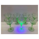 Seven Uranium Green Depression Glass Footed Glasses