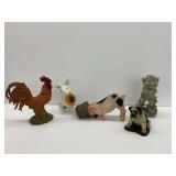 Collection of Statues: Rooster, Rabbit, Pig, Gnome, and Bulldog