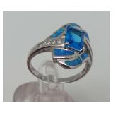 Sterling Silver Ring with Blue Stone and Inlaid Opals- Size 9