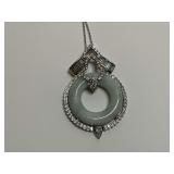 Sterling Silver Green Jade Muti Baguette & Round CZ Gem 2 in. Pendant...18 in. Necklace